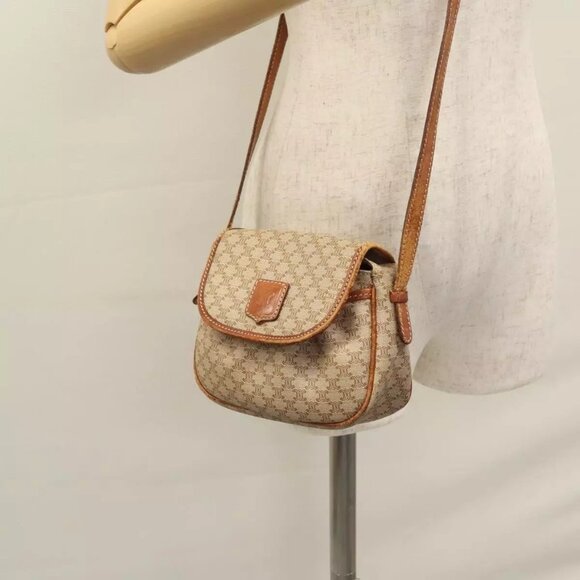 CELINE Macadam Canvas Shoulder Bag PVC Leather Beige Auth - Picture 1 of 16